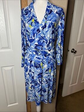 Dana Buchman Blue Floral Wrap-Style Mid Sleeve Dress with Belt